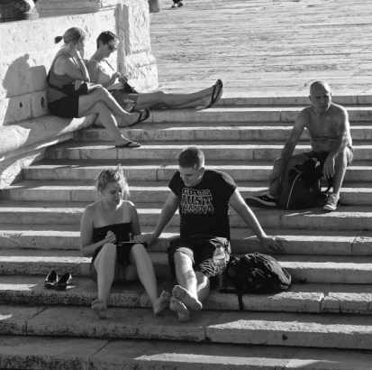 Beach scene, people on steps